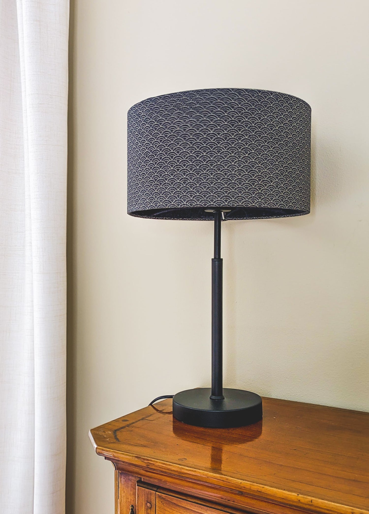 Black Metal Lamp | Blue and Gold Japanese Fabric Shade