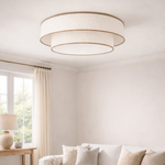 plafonnier double abat-jour écru et bord beige placé dans un salon