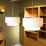 Suspension luminaire laiton double avec abat-jours blancs artisanaux