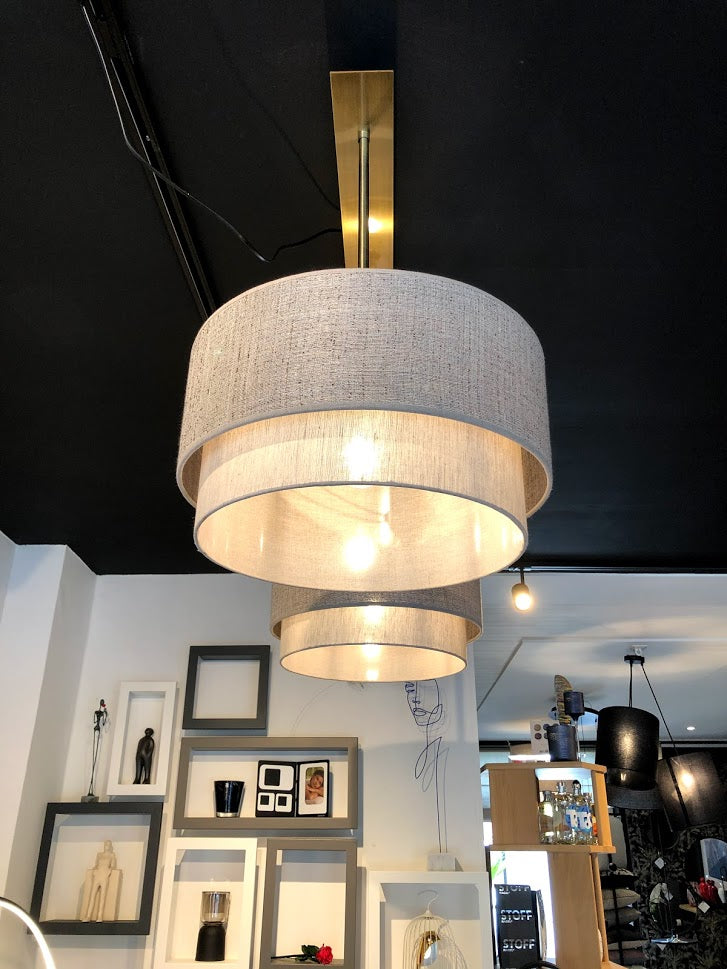 Double Gold Brass Pendant Light | Taupe & Natural Linen Shades