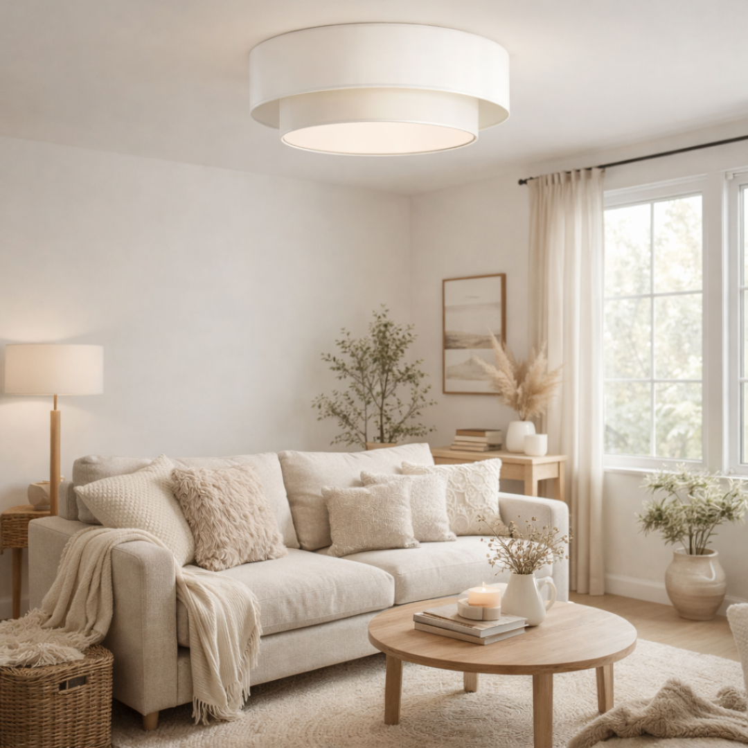 plafonnier double abat-jour blanc cassé dans un salon