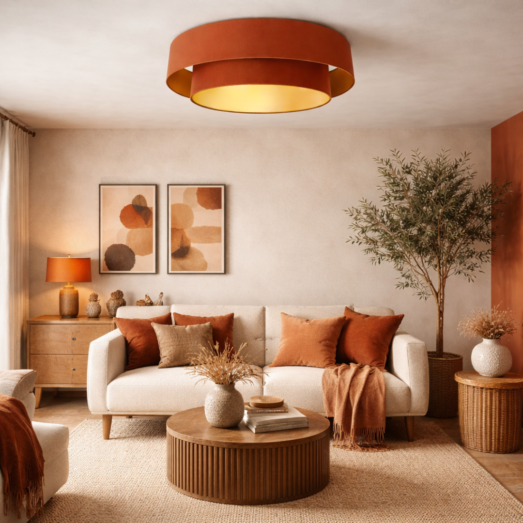 Plafonnier abat-jour terracotta et or