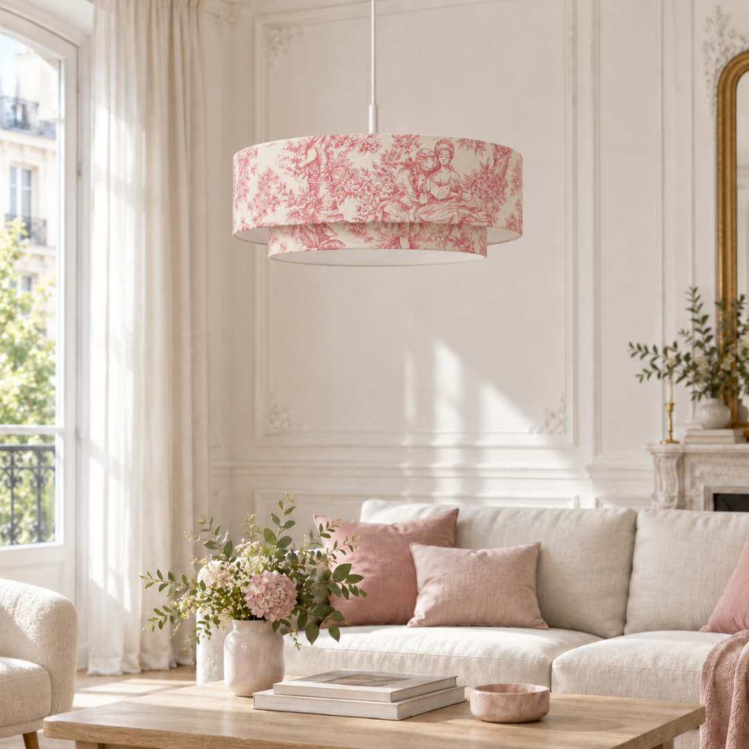 Suspension Double Abat-Jour Toile de Jouy Rose