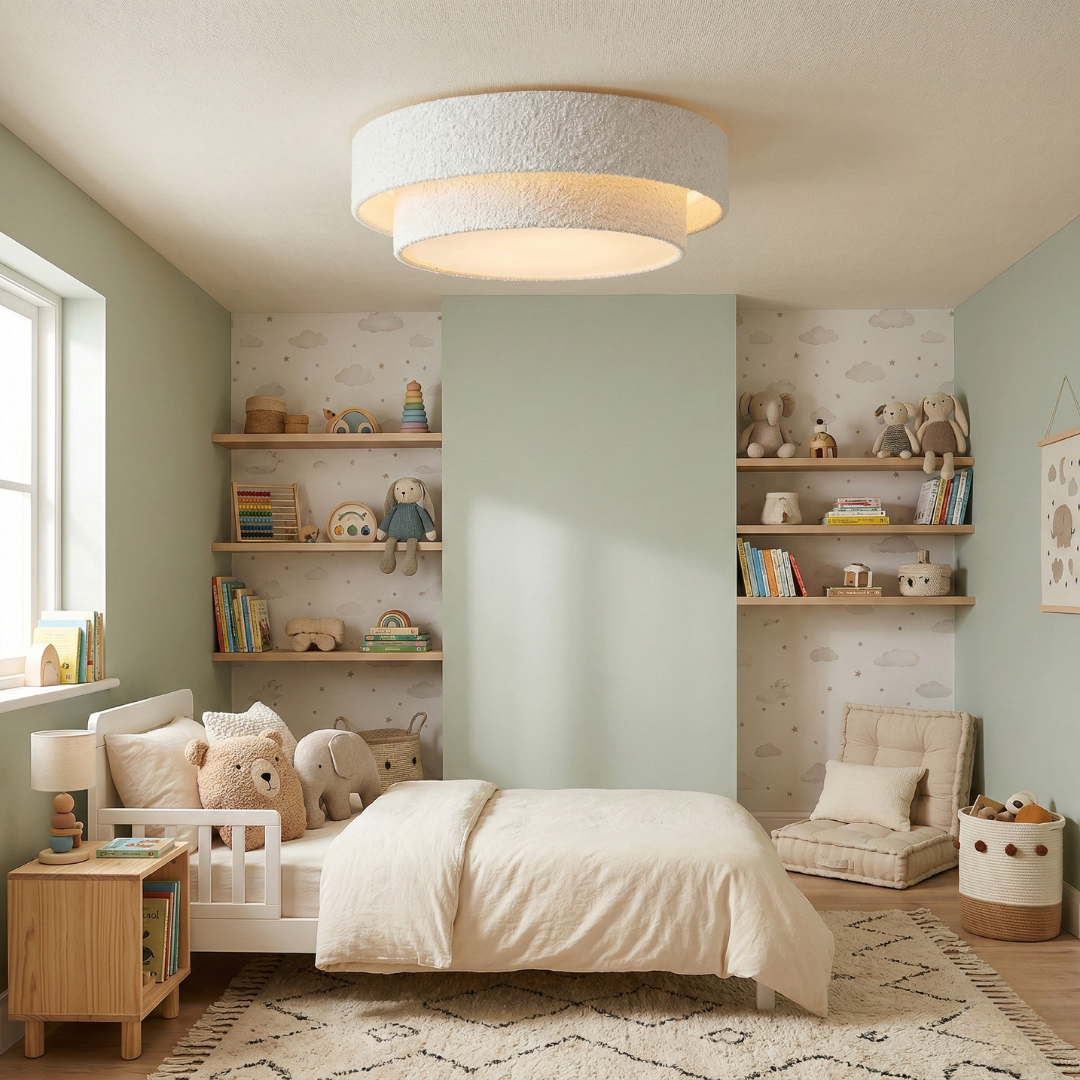 Plafonnier abat-jour tissus teddy blanc dans une chambre d'enfant