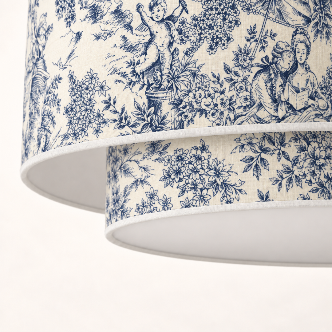 Suspension Double Abat-Jour Toile de Jouy Bleue