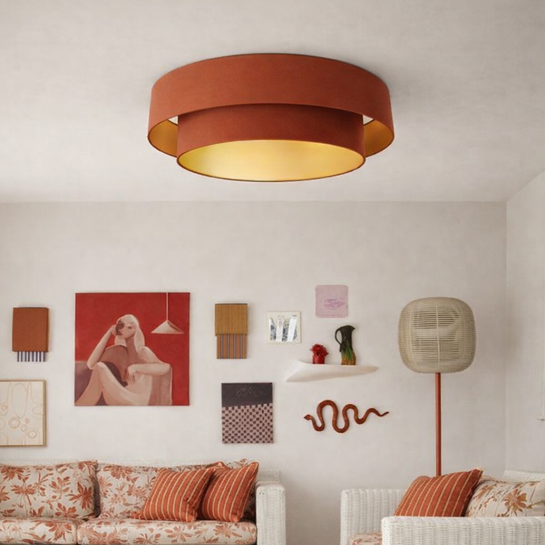 Plafonnier abat-jour double terracotta et or