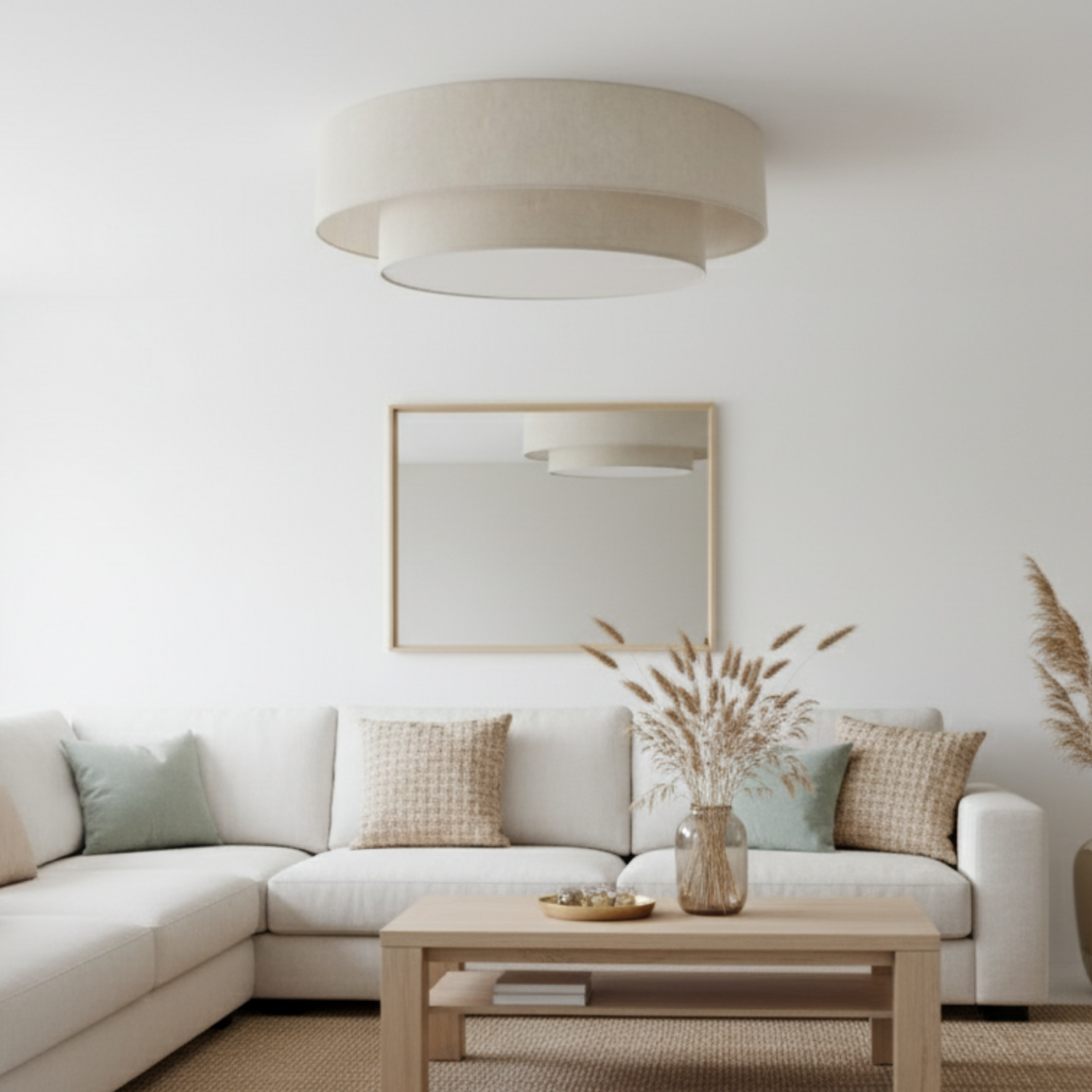 Plafonnier double abat jour beige lin naturel dans un salon chaleureux