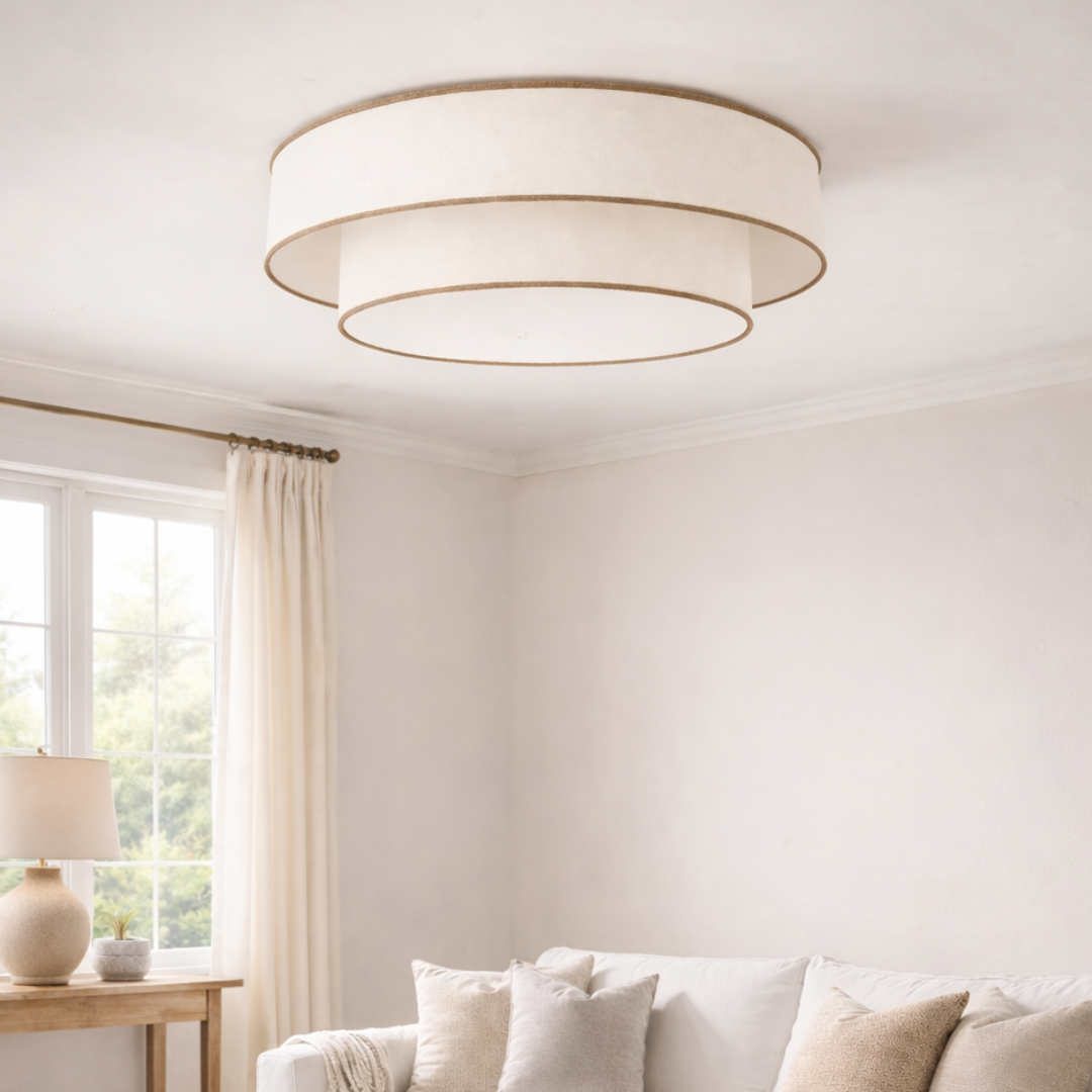 plafonnier double abat-jour écru et bord beige placé dans un salon