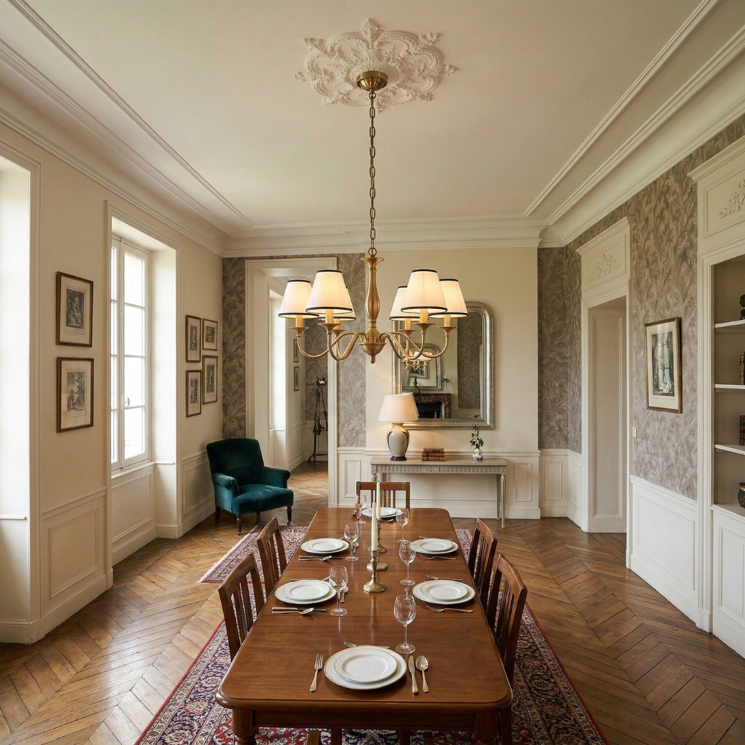 abat-jour à pince blanc à bord noir sur un lustre en laiton doré