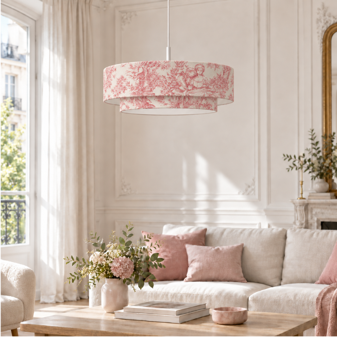 Suspension Double Abat-Jour Toile de Jouy Rose