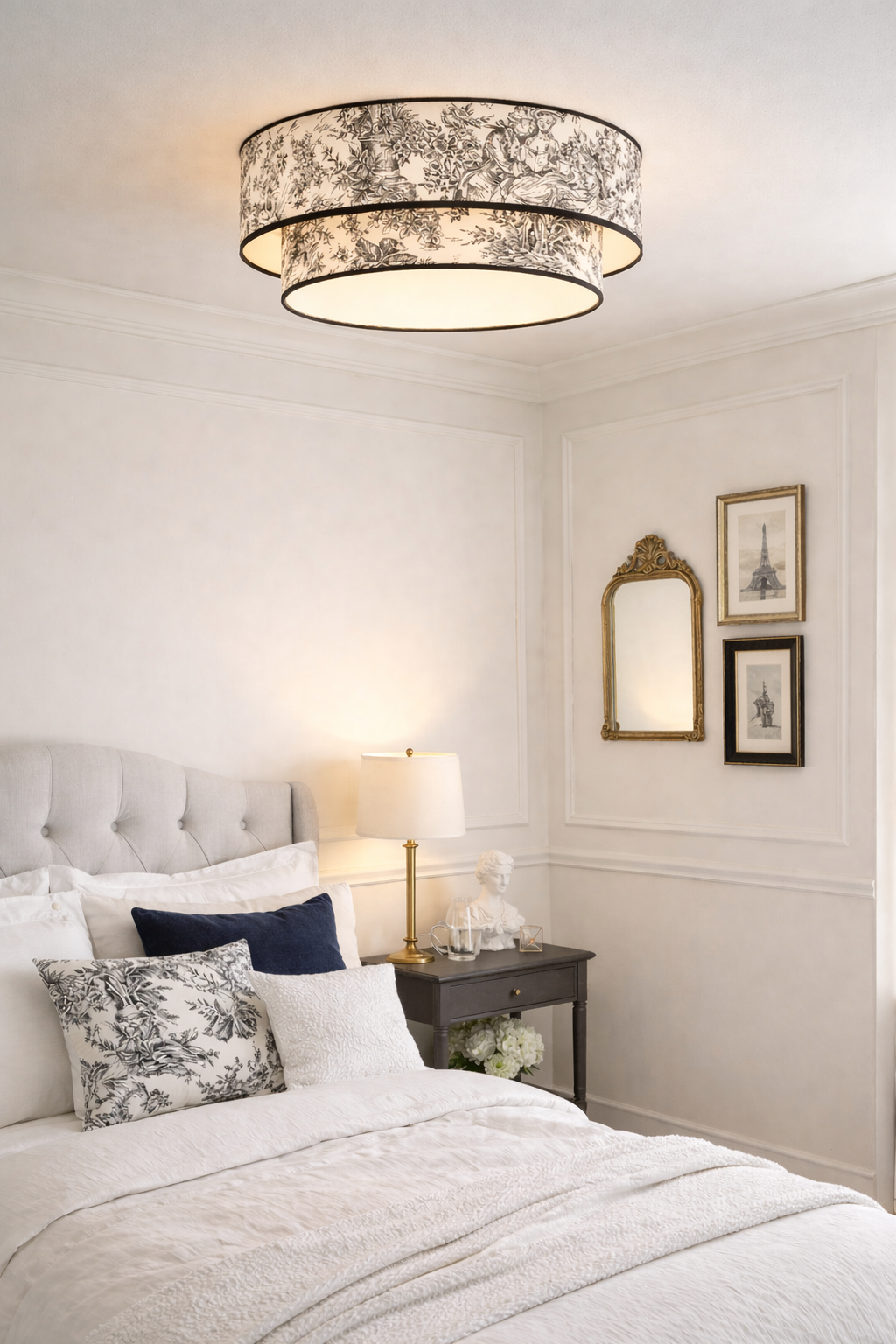 plafonnier double abat-jour toile de jouy noir dans une chambre à coucher