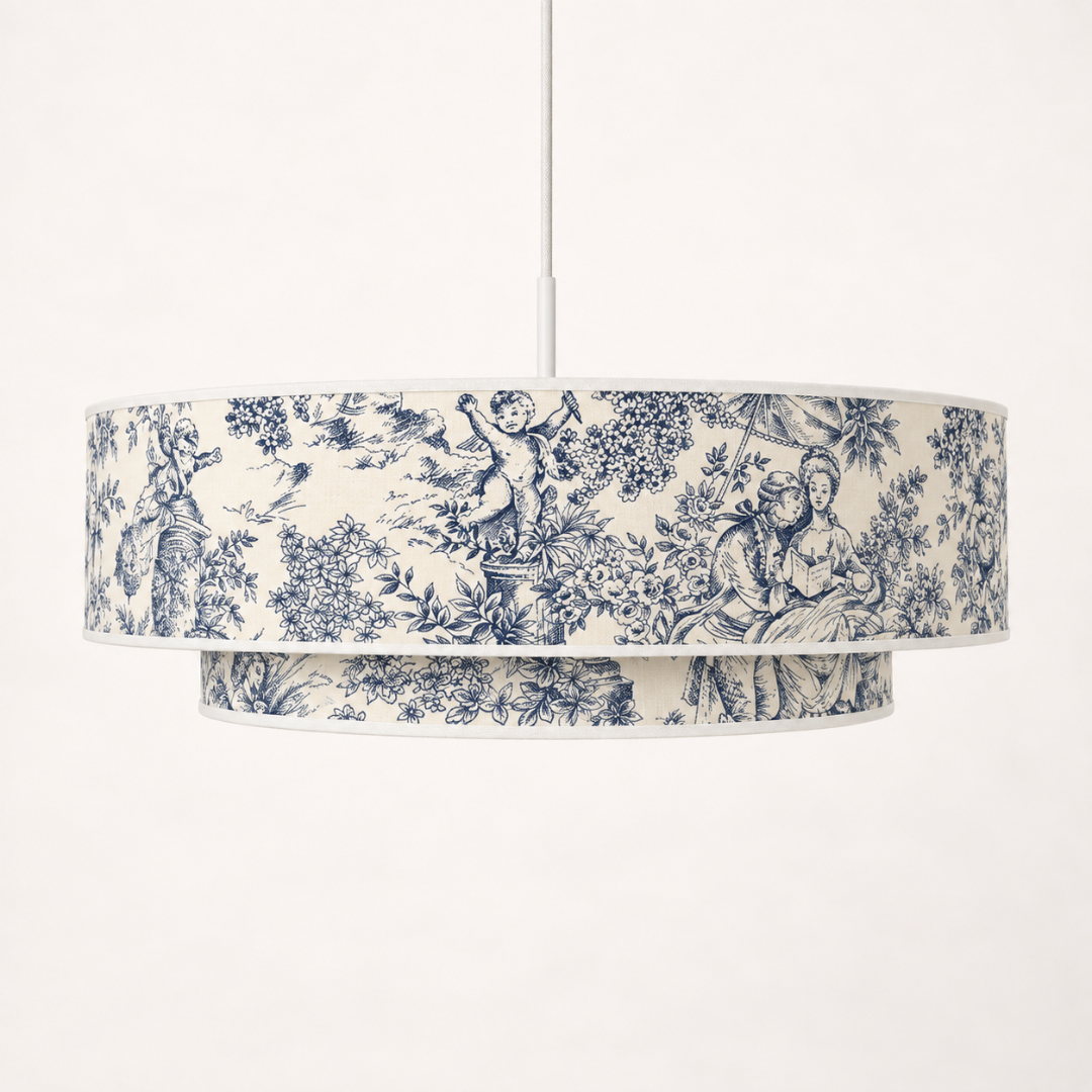Suspension abat-jour toile de jouy bleu