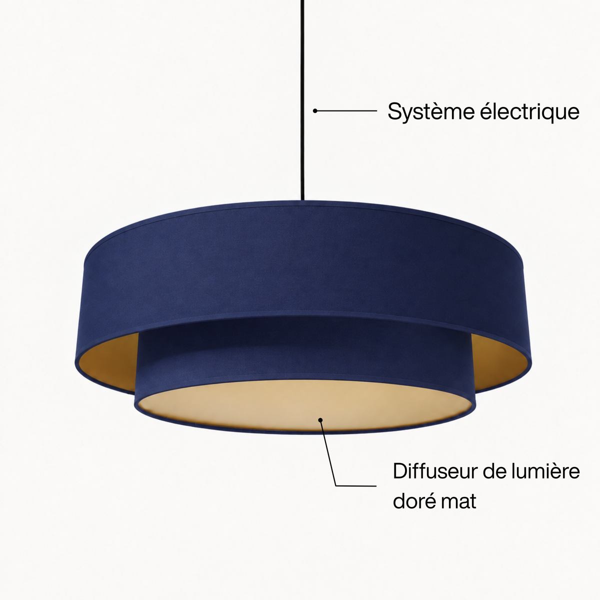 Suspension abat jour bleu marine et or avec un diffuseur de lumière