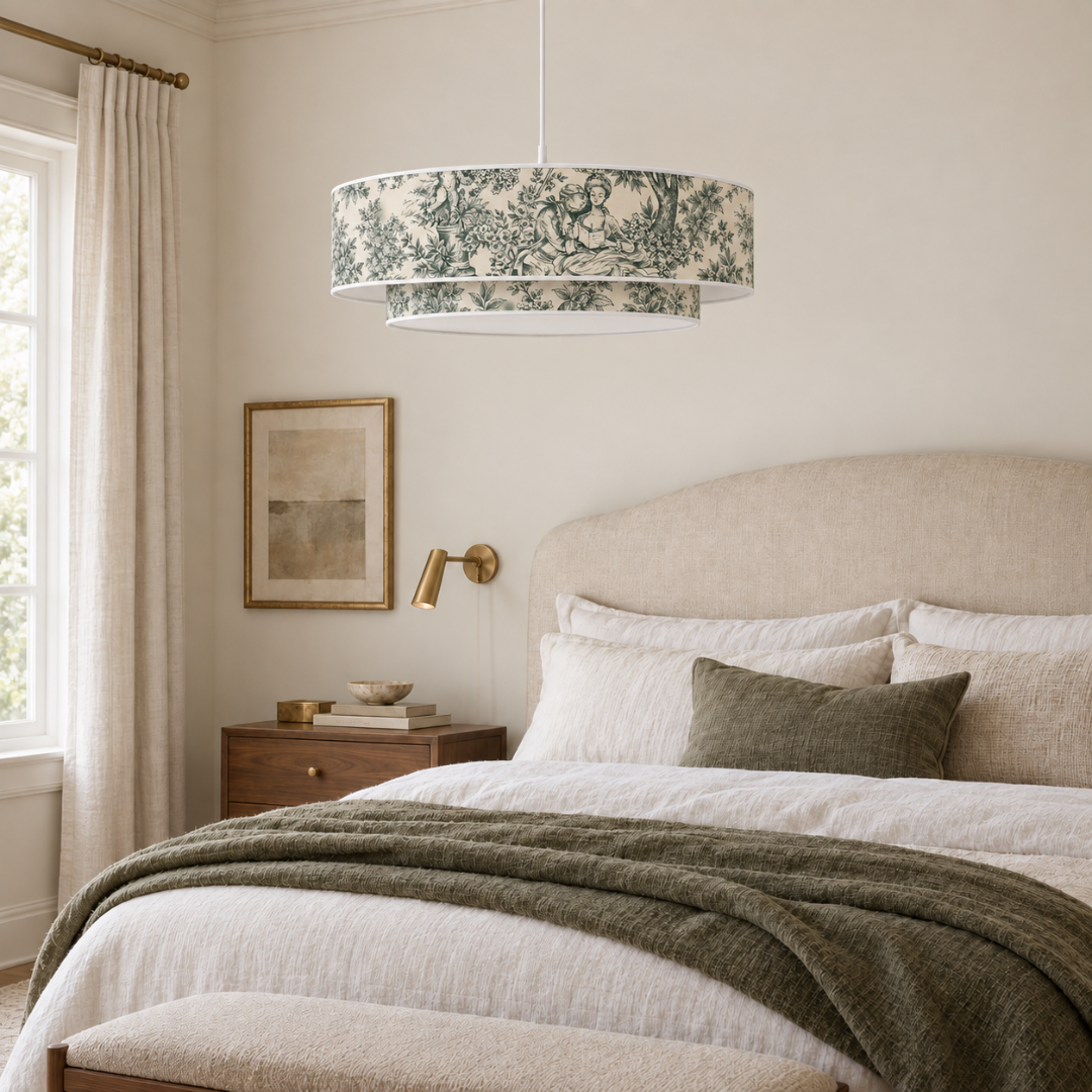 Suspension abat jour toile de jouy vert dans un chambre