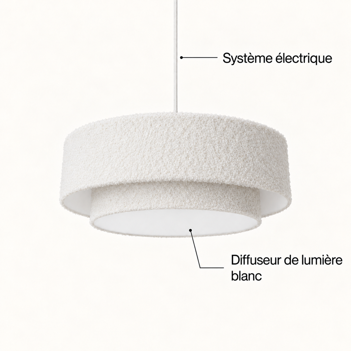 Suspension double abat-jour en tissu bouclette blanc