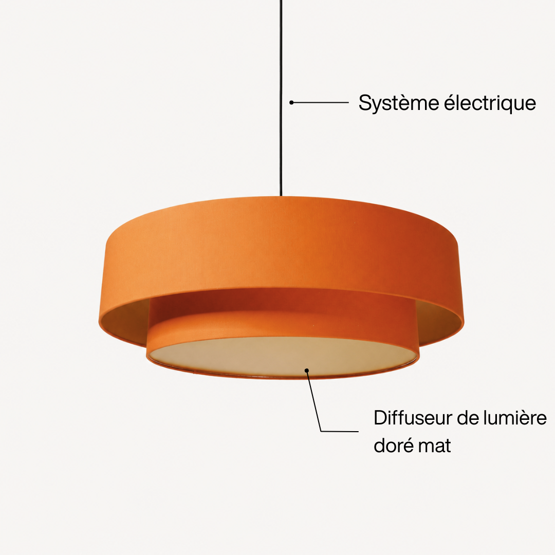 Suspension double abat-jour orange et or avec diffuseur de lumière en pvc