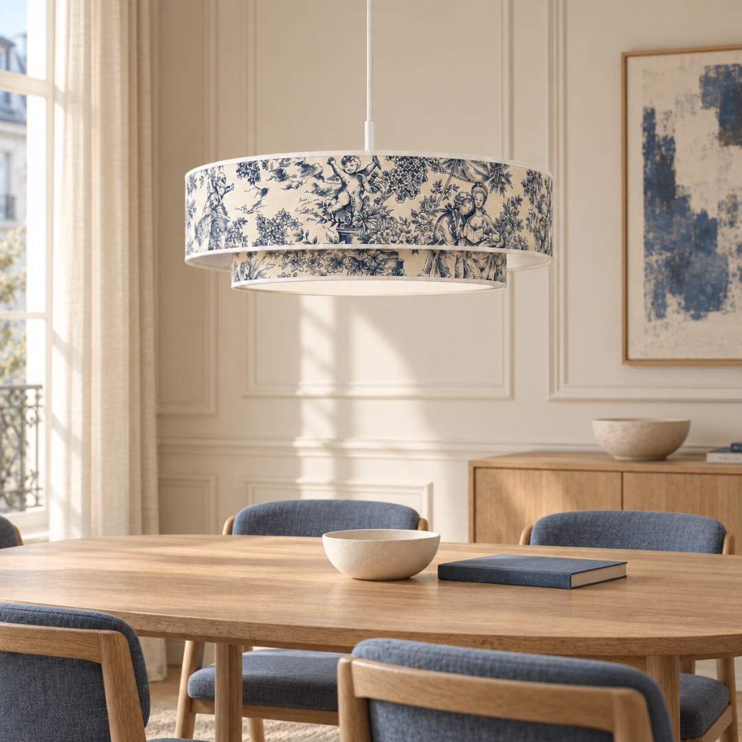Suspension double abat-jour toile de jouy bleue