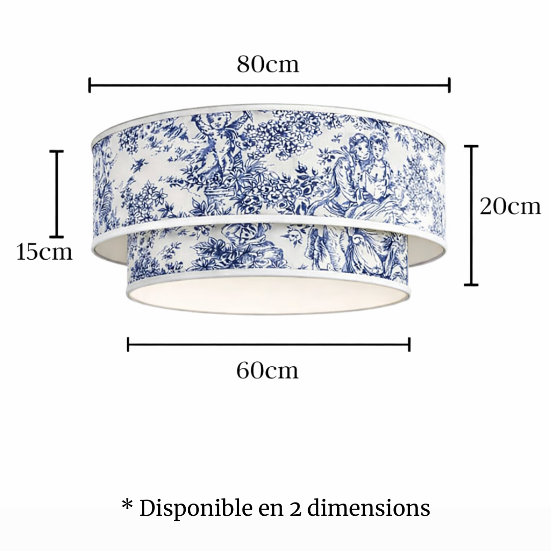 Plafonnier abat-jour toile de Jouy bleu 80cm et 60 cm de diamètre