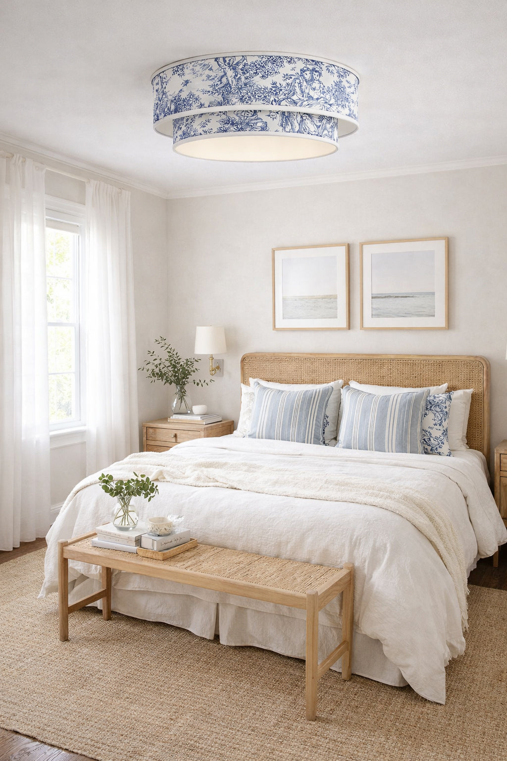 Plafonnier abat-jour toile de Jouy bleu dans une chambre à coucher