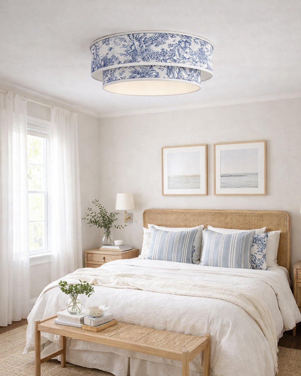 Plafonnier abat-jour toile de Jouy bleu dans une chambre à coucher