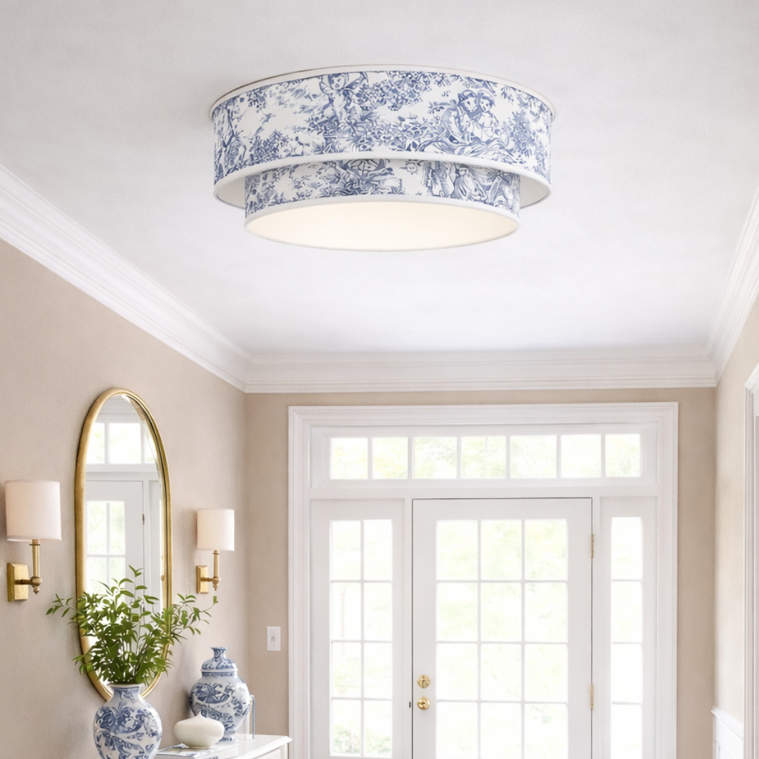 Plafonnier abat-jour toile de Jouy bleu