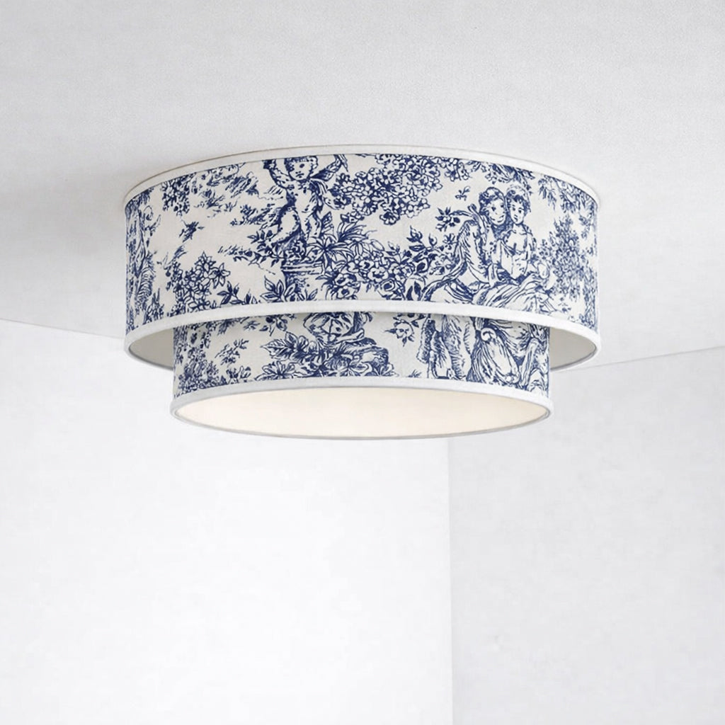 Plafonnier double abat-jour toile de Jouy bleu