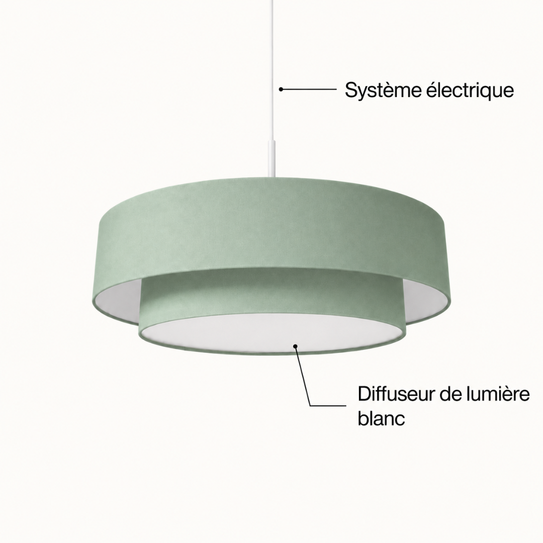 suspension abat jour vert sauge avec diffuseur de lumière PVC
