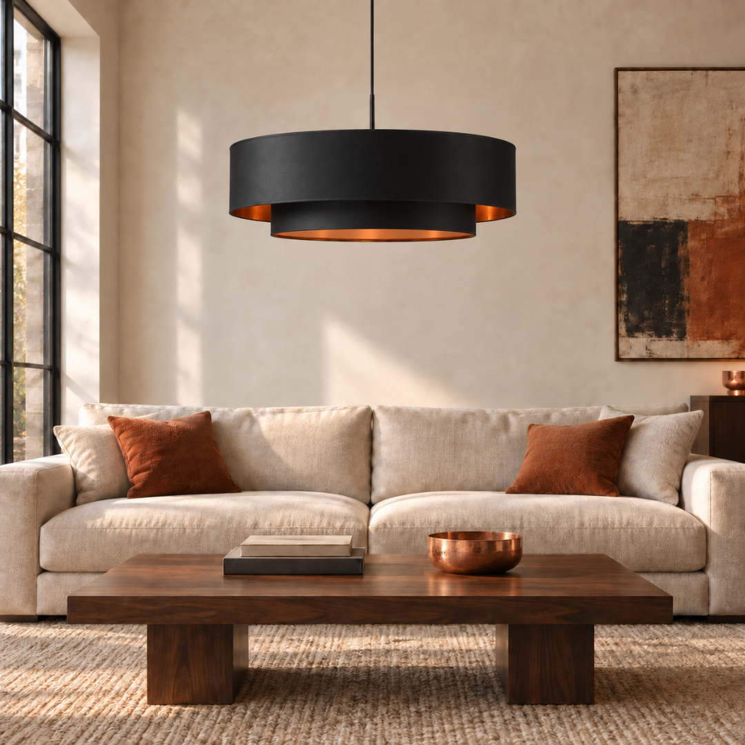 suspension double abat-jour noir avec intérieur cuivre