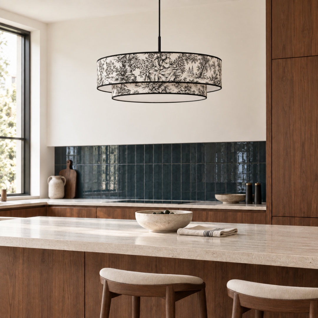 suspension double abat jour toile de jouy noire