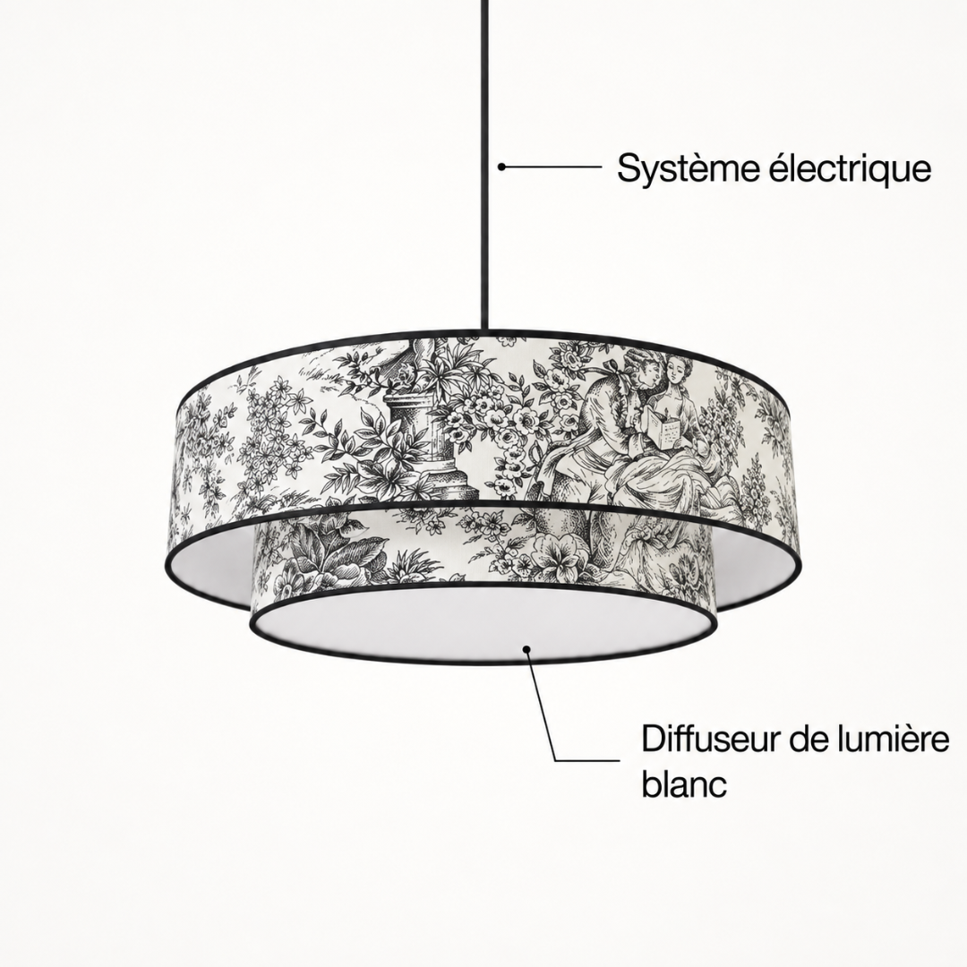 suspension toile de jouy noire avec cache luminaire